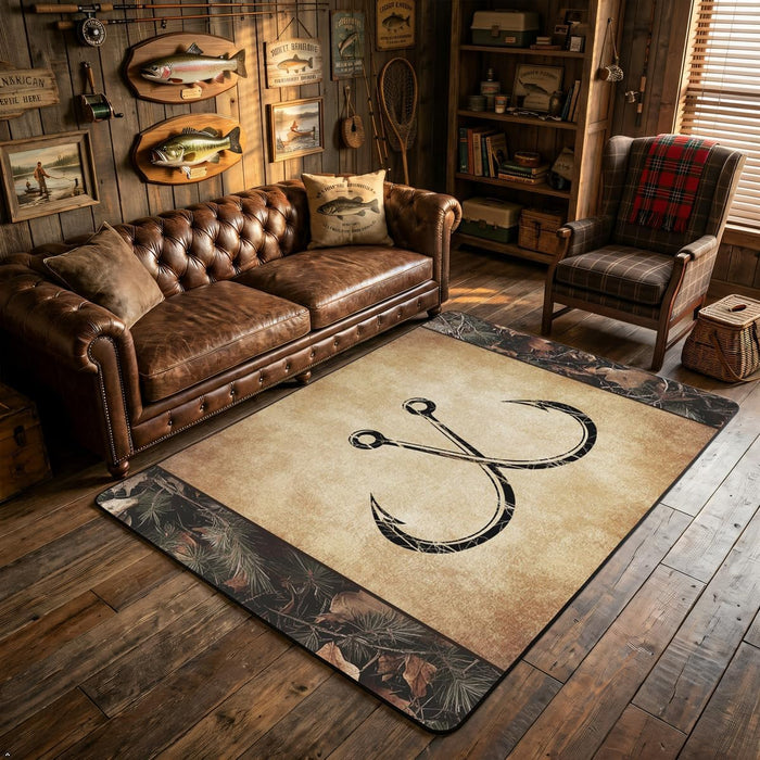 Lodge Cabin Style Fishhook Camouflage Area Rug