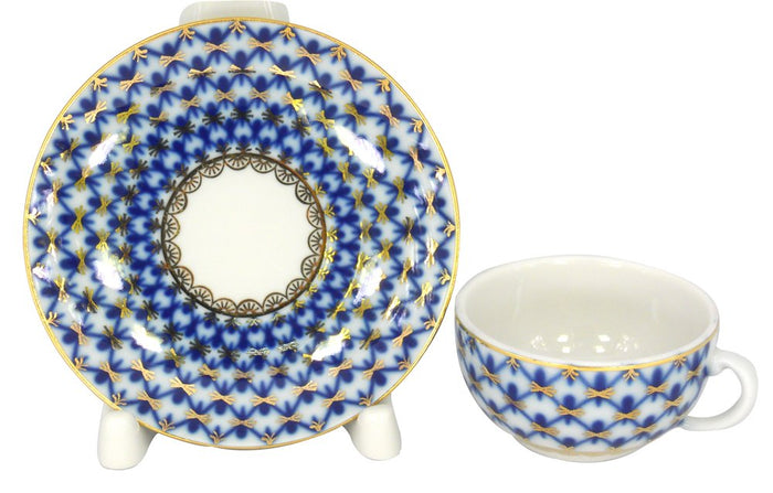 Lomonosov Imperial Porcelain Espresso Coffee Tea Cup with Saucer Cobalt Net