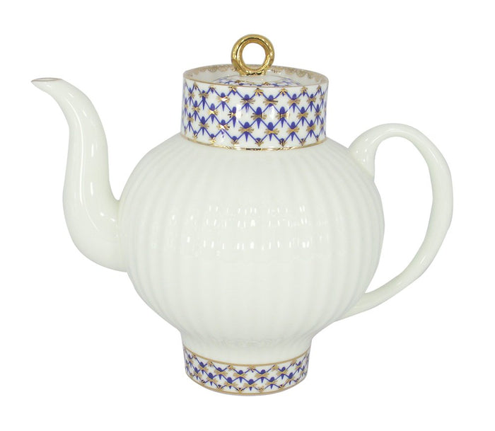 Lomonosov Porcelain Bone China Tea Pot Wave Cobalt Net 27 fl.oz/800 ml