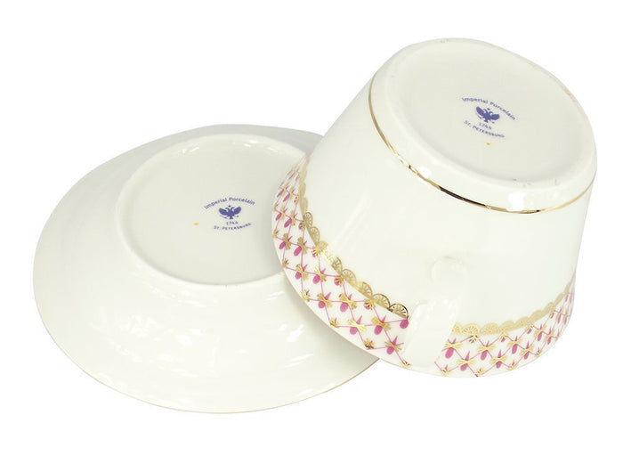 Lomonosov Porcelain Bouillon Soup Bowl and Saucer Red Net Blues 5.7 oz/170 ml
