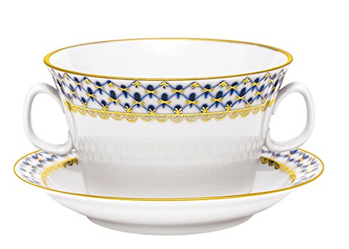 Lomonosov Porcelain Bouillon Soup Cup and Saucer Cobalt Net 5.7 oz/170 ml