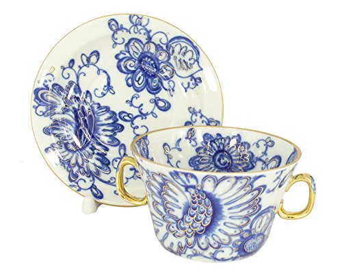 Lomonosov Porcelain Bouillon Soup Cup and Saucer Singing Garden 5.7 oz/170 ml
