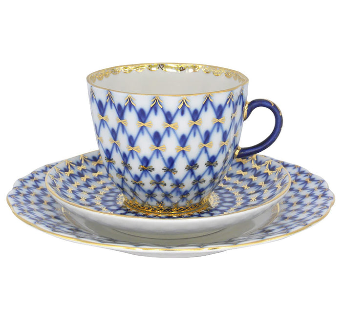 Lomonosov Porcelain Cobalt Net Coffee Cup and Saucer 3pc.