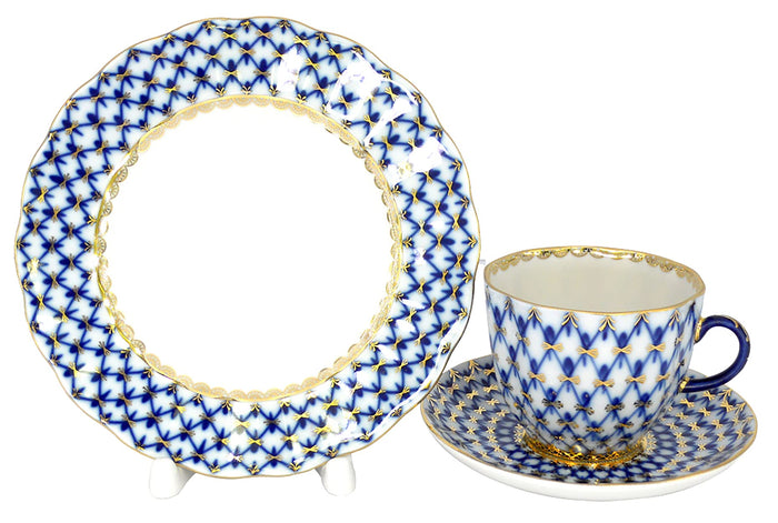 Lomonosov Porcelain Cobalt Net Coffee Cup and Saucer 3pc.