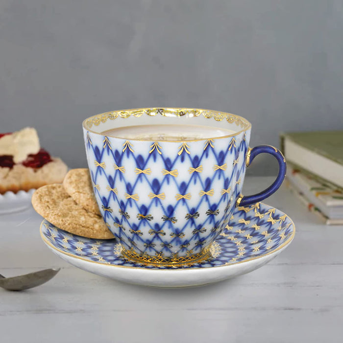 Lomonosov Porcelain Cobalt Net Coffee Cup and Saucer 3pc.