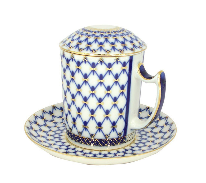 Lomonosov Porcelain Cobalt Net Covered Herbal Steep 12.8 oz Mug with Saucer