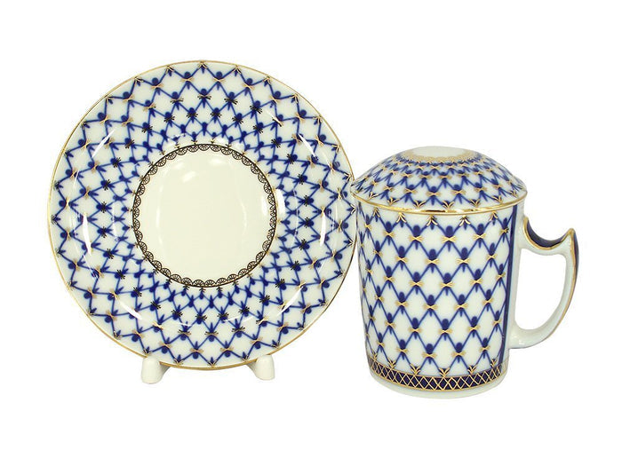 Lomonosov Porcelain Cobalt Net Covered Herbal Steep 12.8 oz Mug with Saucer