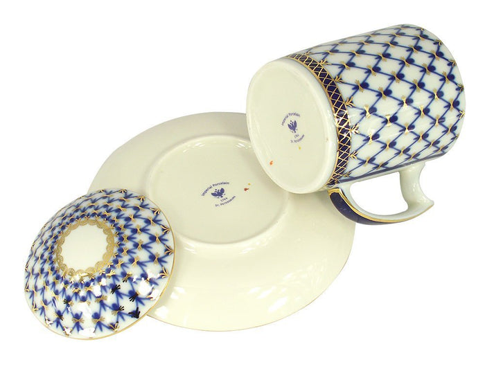 Lomonosov Porcelain Cobalt Net Covered Herbal Steep 12.8 oz Mug with Saucer
