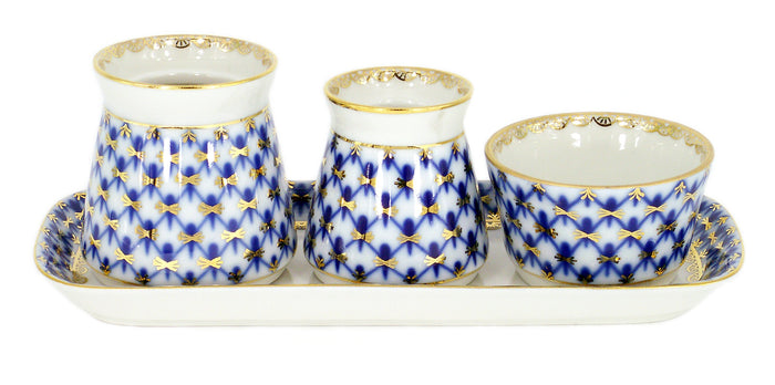 Lomonosov Porcelain Cobalt Net Spice Set 4 pc: Tray, Salt Cellar, Pepper Box, Sauceboat