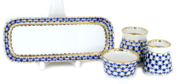 Lomonosov Porcelain Cobalt Net Spice Set 4 pc: Tray, Salt Cellar, Pepper Box, Sauceboat