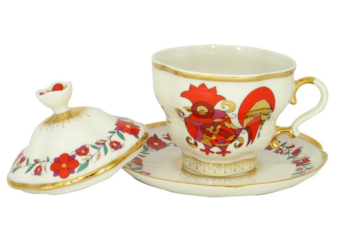Lomonosov Porcelain Covered Cup Set Gift-2 Red Rooster 8.45 oz/250 ml