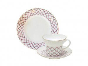 Lomonosov Porcelain Pink Net Wave Bone China Tea Set 20pc