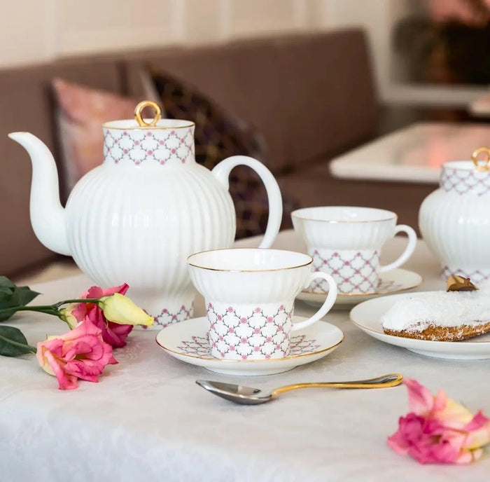 Lomonosov Porcelain Pink Net Wave Bone China Tea Set 20pc