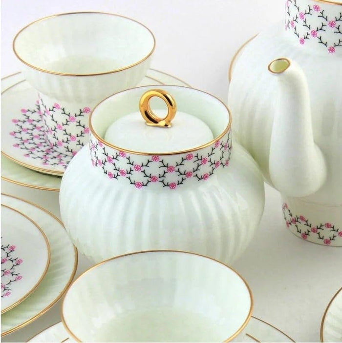 Lomonosov Porcelain Pink Net Wave Bone China Tea Set 20pc