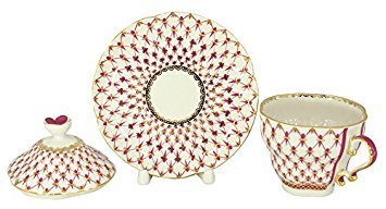 Lomonosov Porcelain Red Net Covered Tea Cup and Saucer 8.45 oz/250 ml
