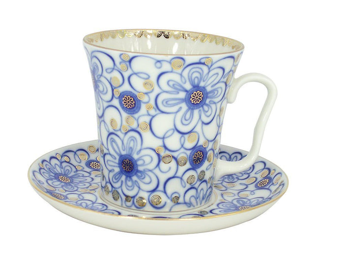 Lomonosov Porcelain Set 22 Karat Gold Bindweed Flower Mug and Saucer 2pc 12.7 fl.oz
