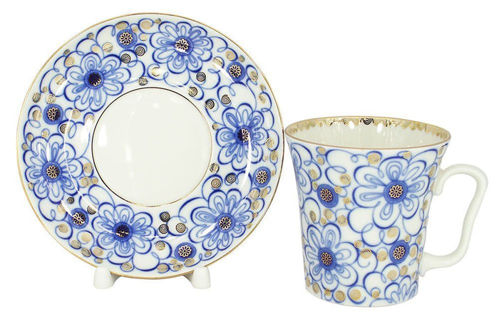 Lomonosov Porcelain Set 22 Karat Gold Bindweed Flower Mug and Saucer 2pc 12.7 fl.oz