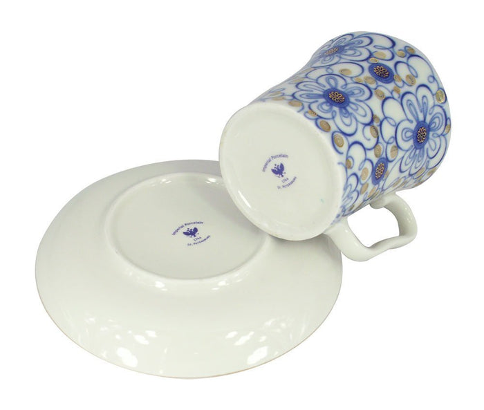 Lomonosov Porcelain Set 22 Karat Gold Bindweed Flower Mug and Saucer 2pc 12.7 fl.oz