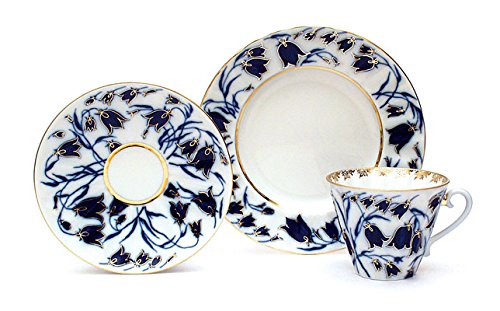 Lomonosov Porcelain Set 3pc Cup, Saucer and Plate Radiant Blue Bells 7.95 oz/235 ml