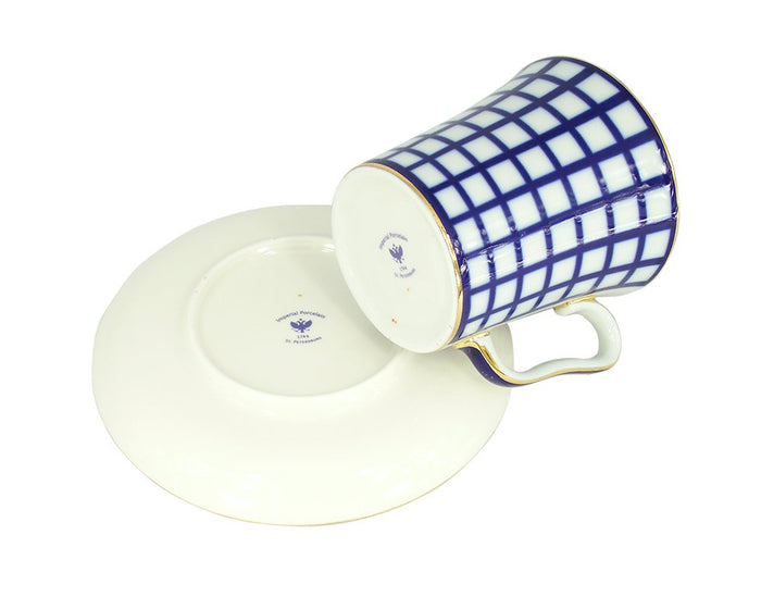 Lomonosov Porcelain Set Mug and Saucer 2pc Cobalt Cell 12.7 fl.oz