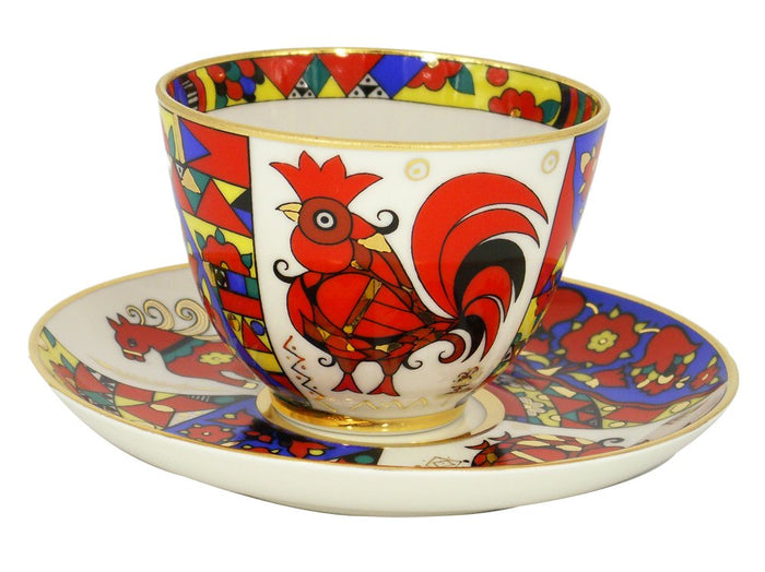 Lomonosov Porcelain Tea Set 2pc Cup and Saucer Spring Folk Designs 7.8 oz/230 ml