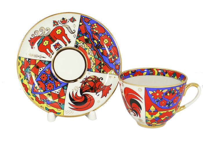 Lomonosov Porcelain Tea Set 2pc Cup and Saucer Spring Folk Designs 7.8 oz/230 ml