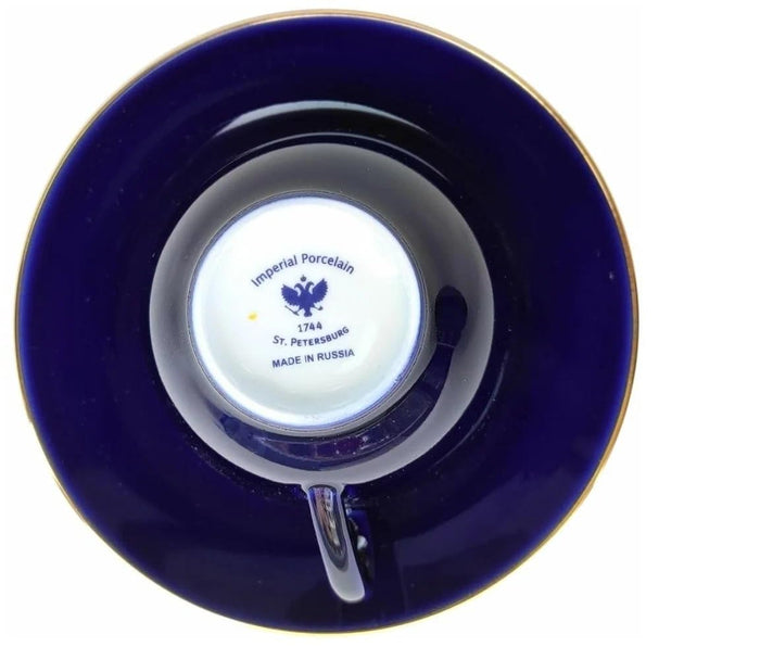 Lomonosov Porcelain Tea Set Cup and Saucer Spring Night 7.8 oz/230 ml, Dark Blue, White, Gold