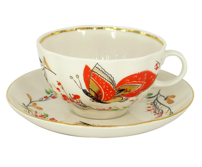 Lomonosov Porcelain Tea Set Cup and Saucer Tulip Red Butterflies 8.45 oz/250 ml