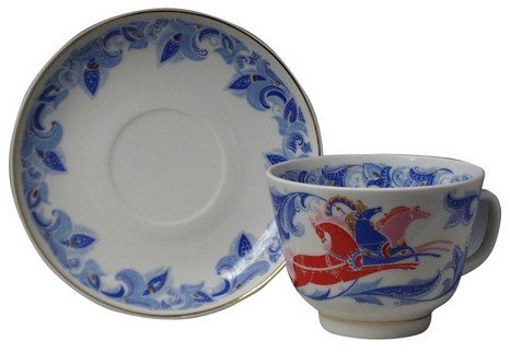 Lomonosov Porcelain Tea Set Cup and Saucer Winter Troika 12.7 oz/375 ml