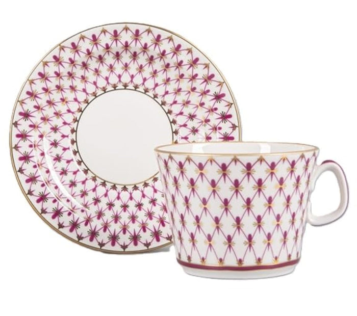Lomonosov Porcelain Tea/Coffee Cup and Saucer Red Net 7 oz/210 ml