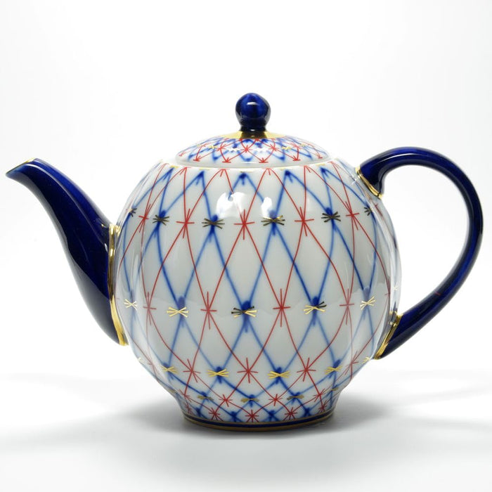 Lomonosov Porcelain Tulip Cobalt and Red Net 3 Cups Teapot 20 oz/600 ml