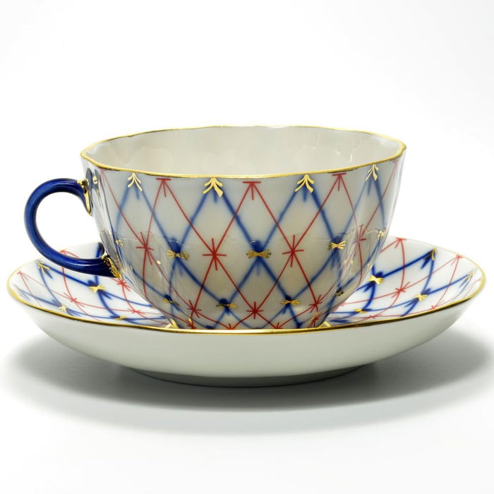 Lomonosov Porcelain Tulip Cobalt and Red Net Tea Cup and Saucer Set 8.45 oz/250 ml