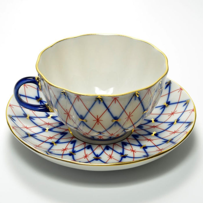 Lomonosov Porcelain Tulip Cobalt and Red Net Tea Cup and Saucer Set 8.45 oz/250 ml