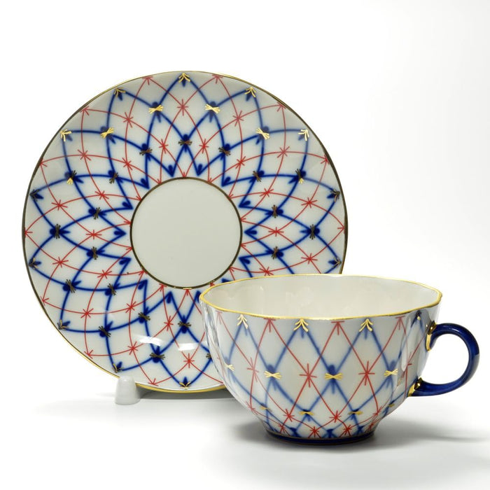 Lomonosov Porcelain Tulip Cobalt and Red Net Tea Cup and Saucer Set 8.45 oz/250 ml