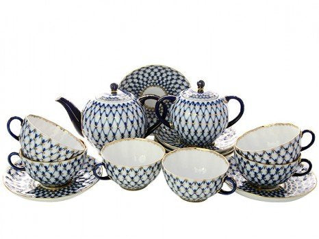 Lomonosov Porcelain Tulip Cobalt Net Tea Set 6/14: Tea Pot, Sugar Bowl and 6 Cups with Saucers