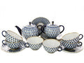 Lomonosov Porcelain Tulip Cobalt Net Tea Set 6/14: Tea Pot, Sugar Bowl and 6 Cups with Saucers