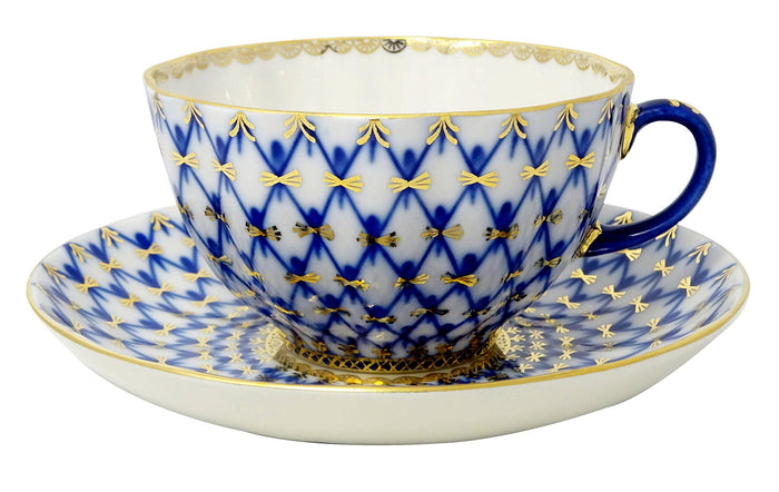 Lomonosov Porcelain Tulip Cobalt Net Tea Set 6/14: Tea Pot, Sugar Bowl and 6 Cups with Saucers