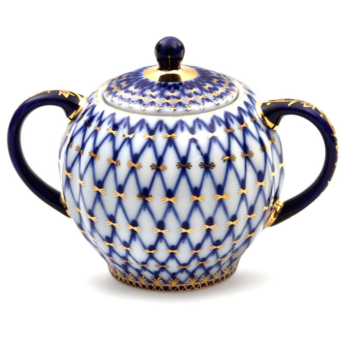 Lomonosov Porcelain Tulip Cobalt Net Tea Set 6/14: Tea Pot, Sugar Bowl and 6 Cups with Saucers