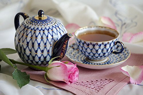 Lomonosov Porcelain Tulip Cobalt Net Tea Set 6/14: Tea Pot, Sugar Bowl and 6 Cups with Saucers