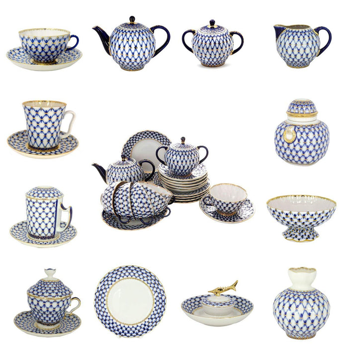 Lomonosov Porcelain Tulip Cobalt Net Tea Set 6/14: Tea Pot, Sugar Bowl and 6 Cups with Saucers