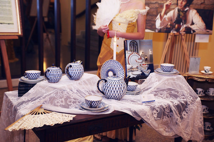 Lomonosov Three Pieces Coffee Set, Coffee Cup with Saucer and Dessert Plate, Tulip, Cobalt Net