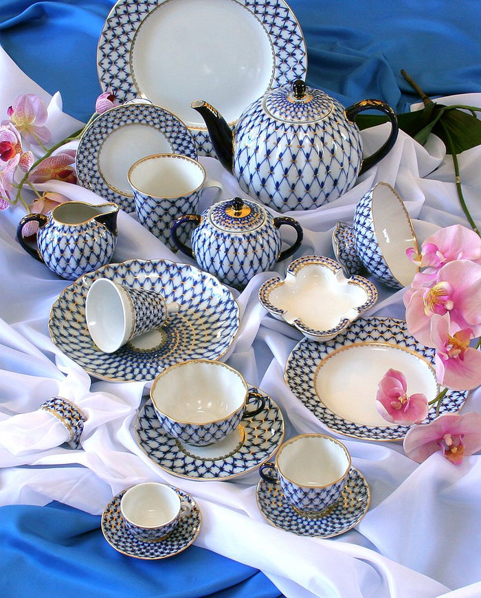 Lomonosov Three Pieces Coffee Set, Coffee Cup with Saucer and Dessert Plate, Tulip, Cobalt Net