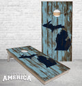 Michigan Map outline on rustic blue wood Cornhole boards