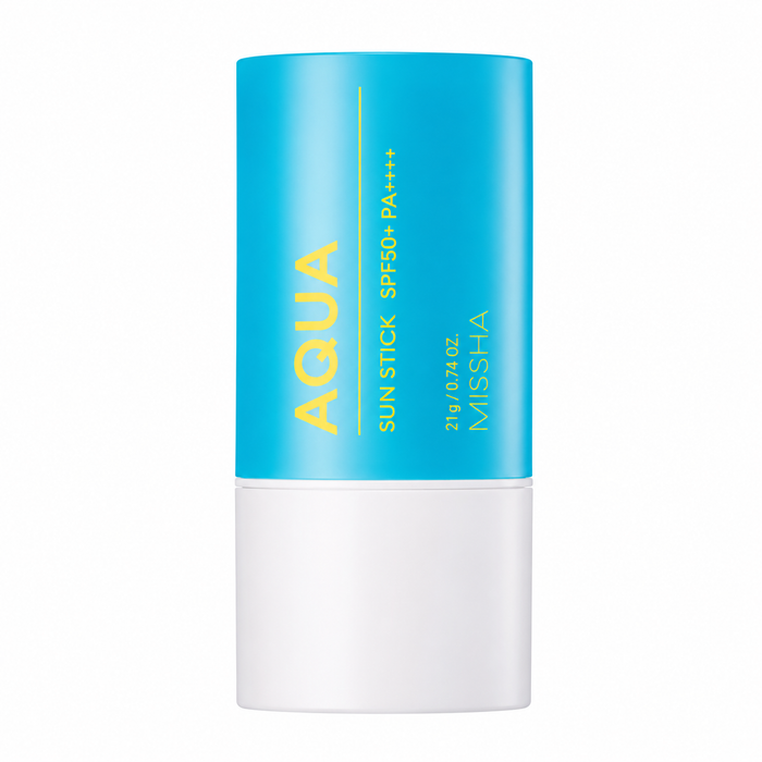 missha all around safe block aqua sun stick spf50+/pa++++ blue and white packaging with yellow text on a clear white background