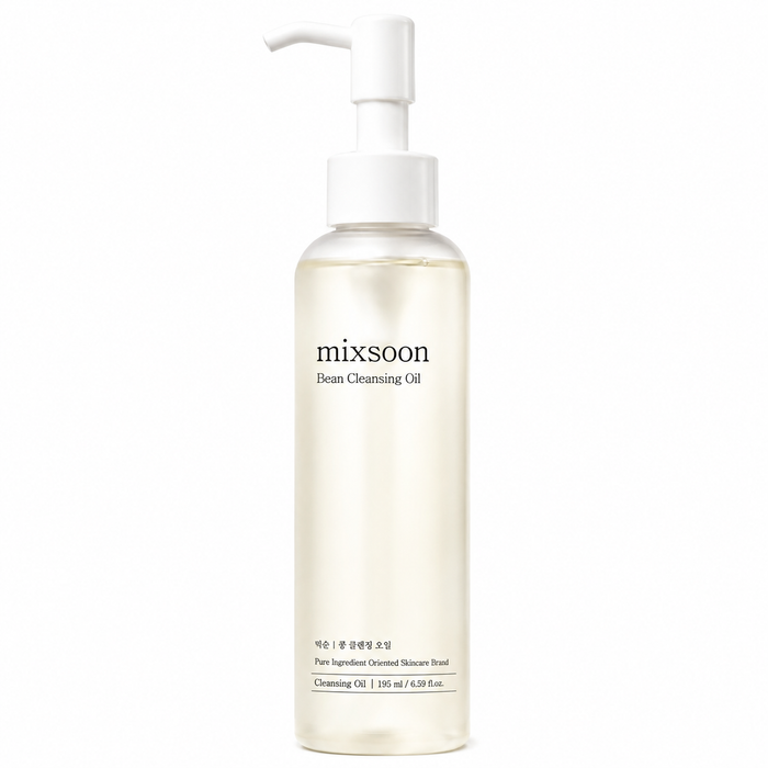 mixsoon bean cleansing oil in a clear pump bottle with a white dispenser on a white background. lightweight cleansing oil formulated with fermented bean extract to dissolve makeup, sunscreen, and impurities while leaving skin soft, hydrated, and refreshed.