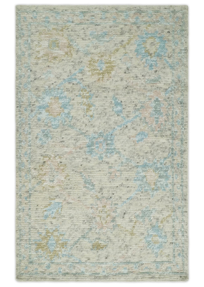 Hand Knotted Contemporary Ivory and Blue Rug Made with Blended Wool 5x8, 8x10 and 9x12 | UL36 - The Rug Decor