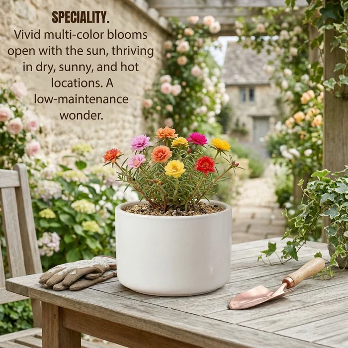 Portulaca (Moss Rose) in a white cylindrical pot, featuring vivid multi-color blooms and succulent-like foliage, described as a low-maintenance plant that thrives in hot, sunny locations.