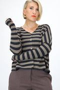 Neirami T019ST Stripy V-Neck Cardigan in Twig