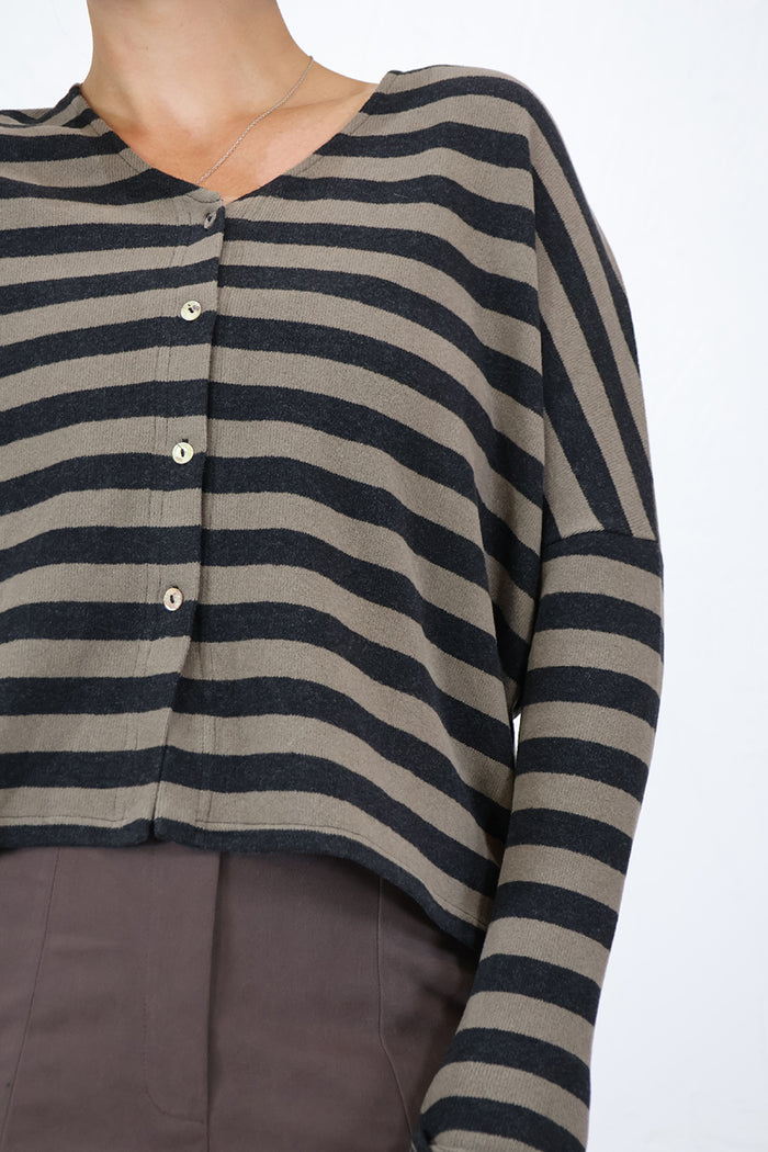 Neirami T019ST Stripy V-Neck Cardigan in Twig