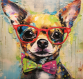 Nerdy Chihuahua In Red Glasses  And Yellow And Pink Bow Tie